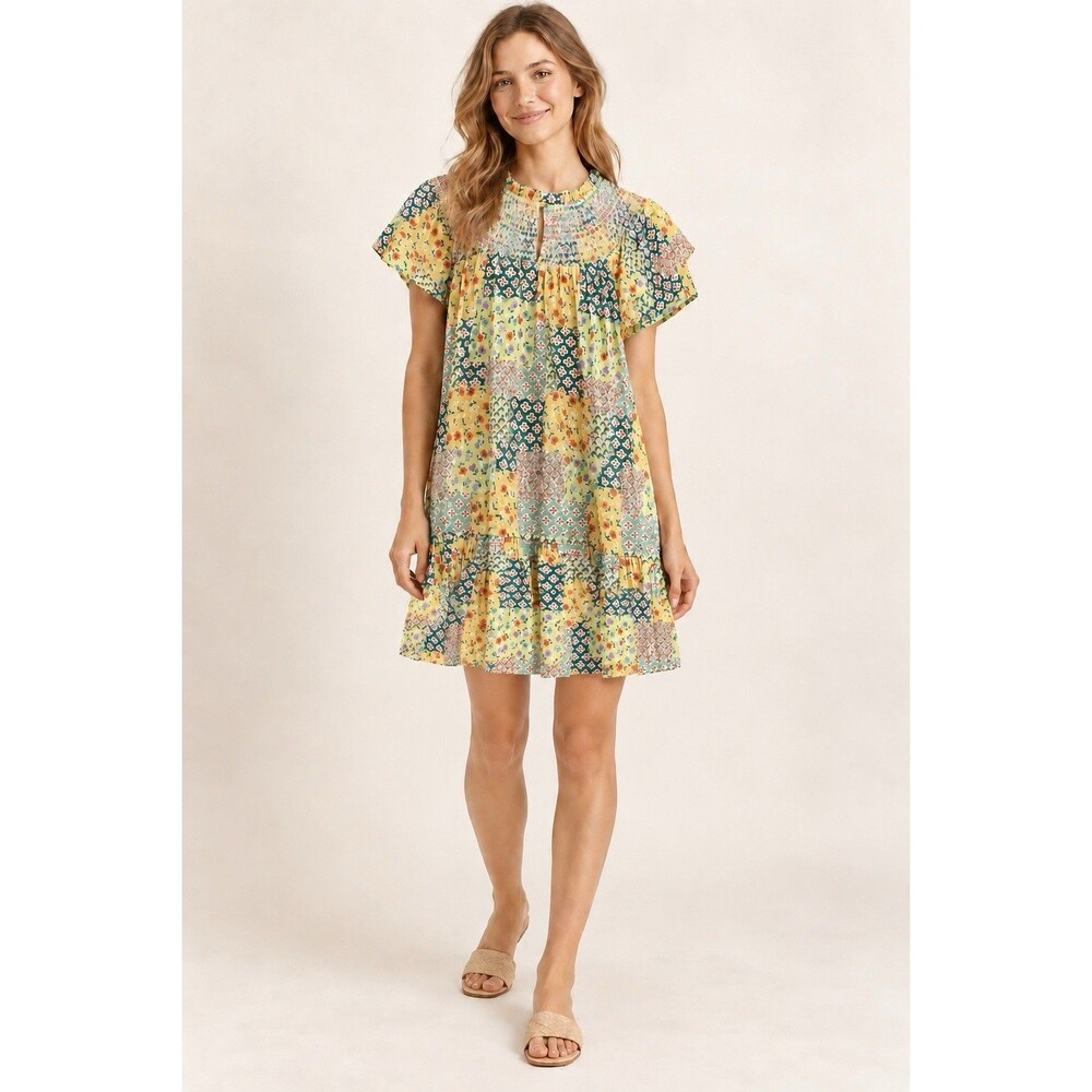 Current Air Floral Patchwork Smocked Tiered Dress Green Multi Size Medium NWOT